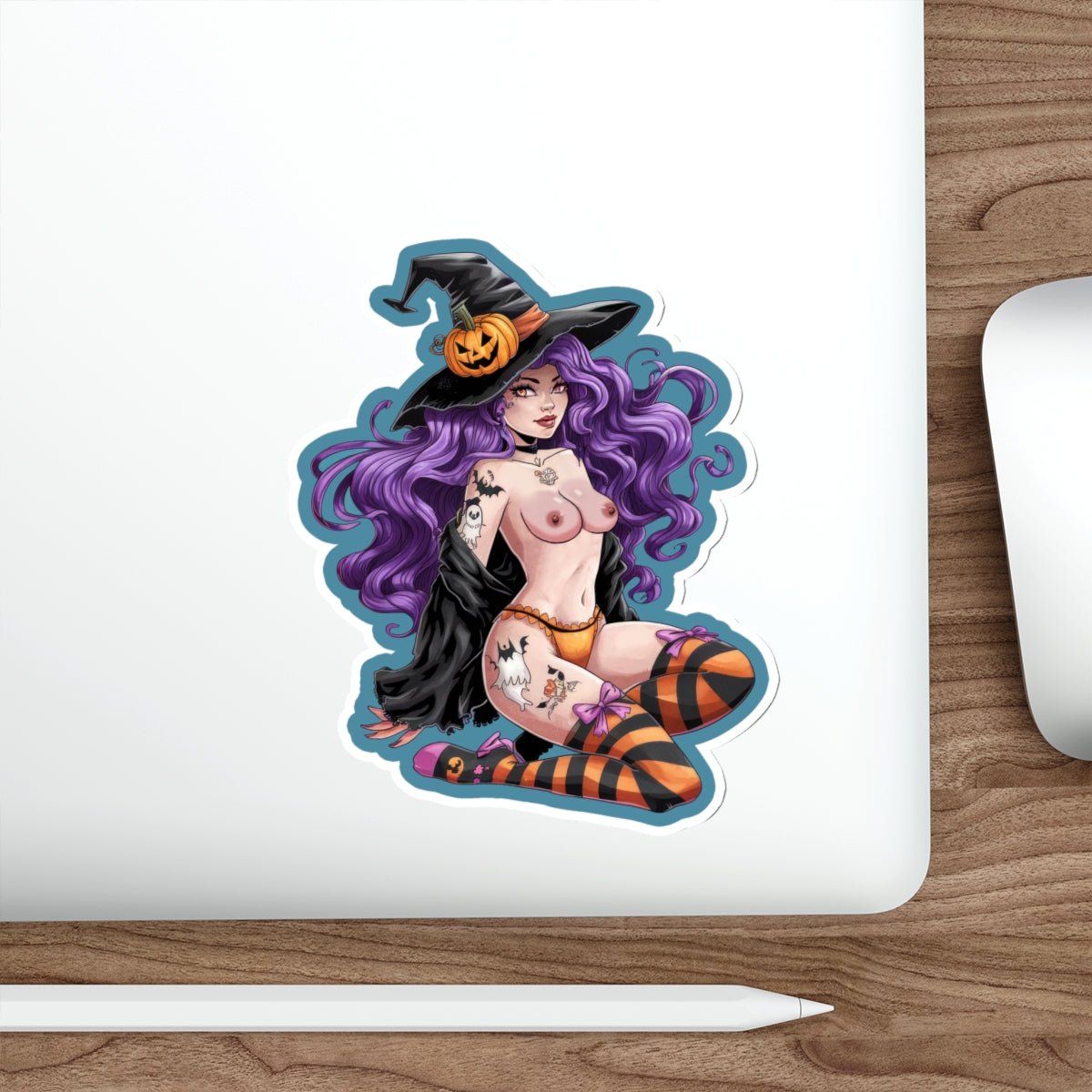 Sexy Witch Pinup Die-Cut Sticker — Halloween Purple Hair Pumpkin Hat - DarkPrintStudio™