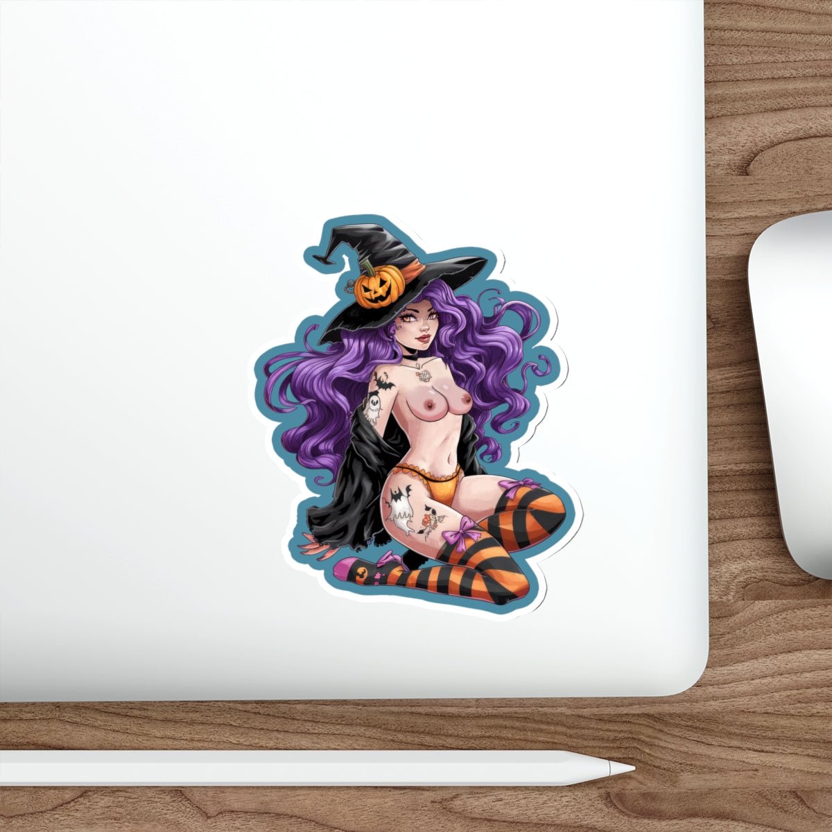 Sexy Witch Pinup Die-Cut Sticker — Halloween Purple Hair Pumpkin Hat - DarkPrintStudio™