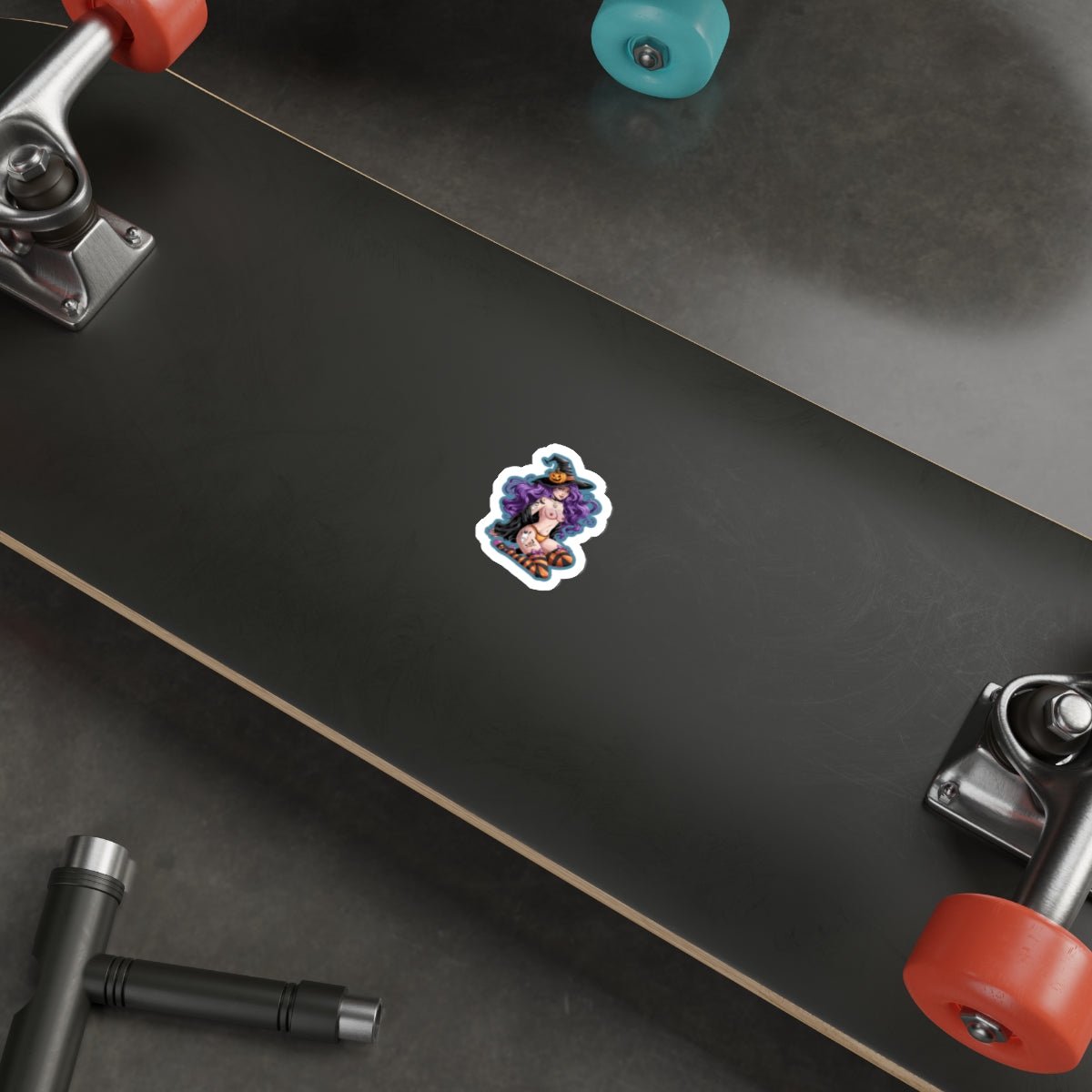 Sexy Witch Pinup Die-Cut Sticker — Halloween Purple Hair Pumpkin Hat - DarkPrintStudio™