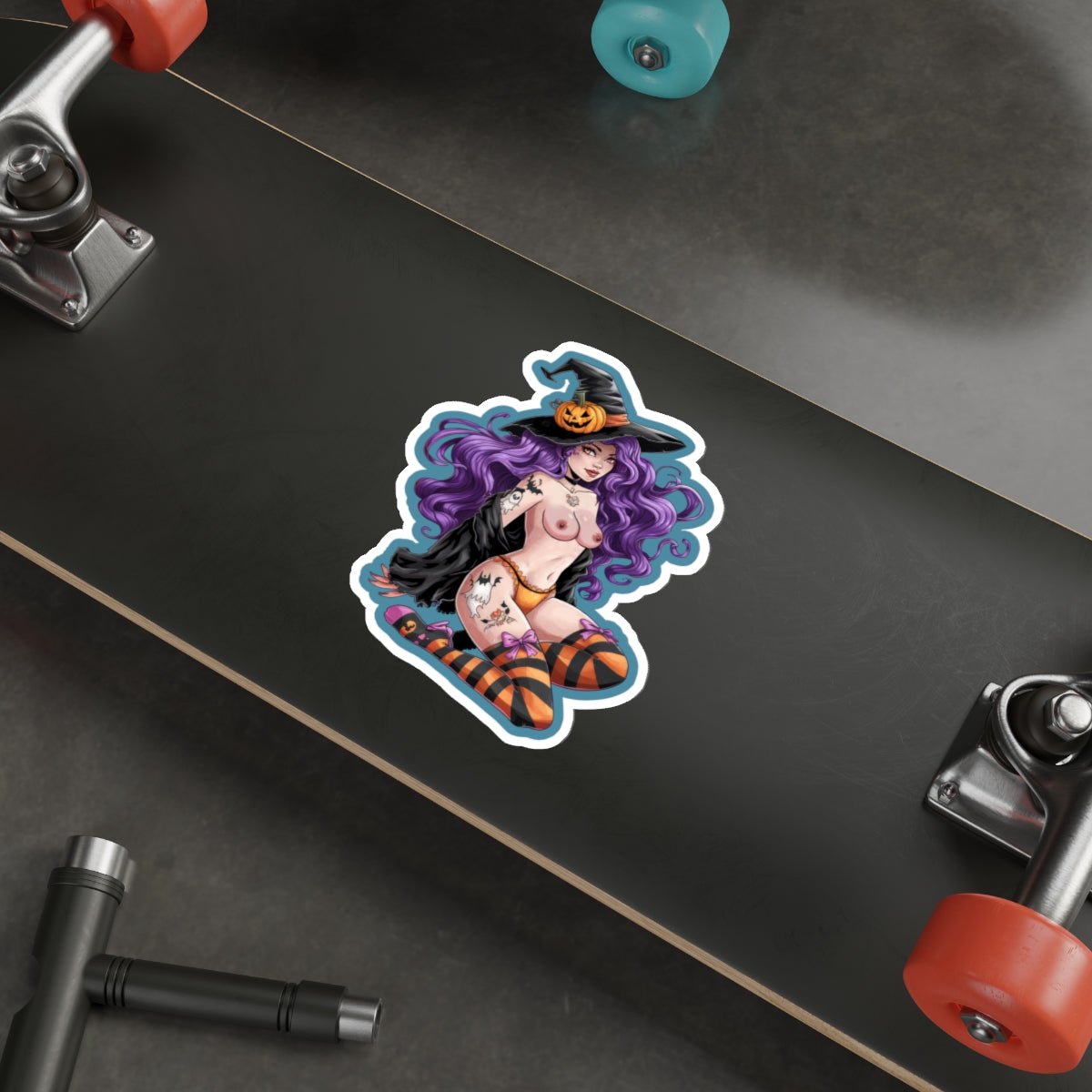 Sexy Witch Pinup Die-Cut Sticker — Halloween Purple Hair Pumpkin Hat - DarkPrintStudio™