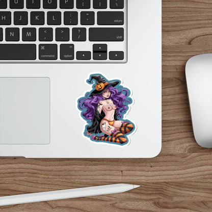 Sexy Witch Pinup Die-Cut Sticker — Halloween Purple Hair Pumpkin Hat - DarkPrintStudio™