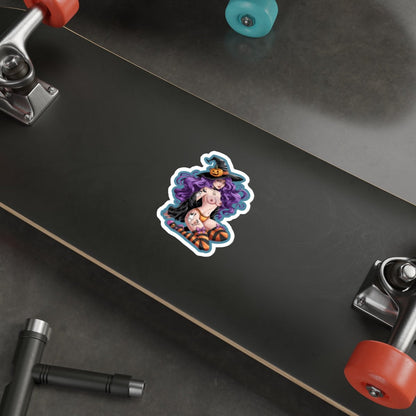Sexy Witch Pinup Die-Cut Sticker — Halloween Purple Hair Pumpkin Hat - DarkPrintStudio™
