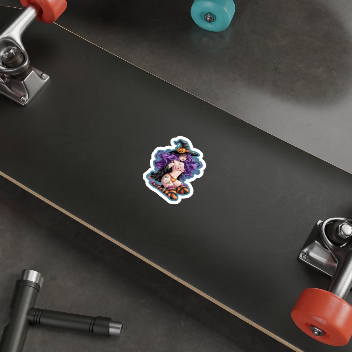 Sexy Witch Pinup Die-Cut Sticker — Halloween Purple Hair Pumpkin Hat - DarkPrintStudio™