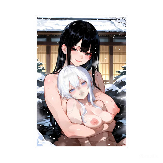 3pcs Onsen Duo Anime Stickers - Black & White Hair Girls Hot Spring Waifu Vinyl Decal