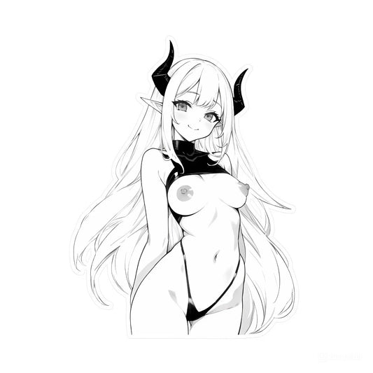 3pcs Sexy Manga Demon Girl Anime Stickers - Black Horns White Hair Waifu Vinyl Decal