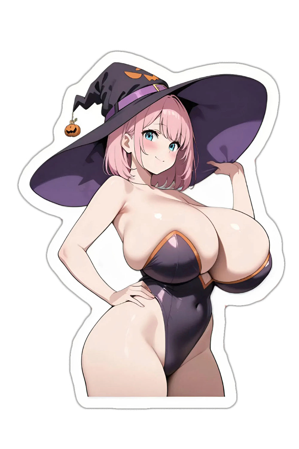 3pcs Sexy Pink Hair Witch Anime Waifu Sticker Pack - Halloween Hat Purple Leotard Laptop Decals