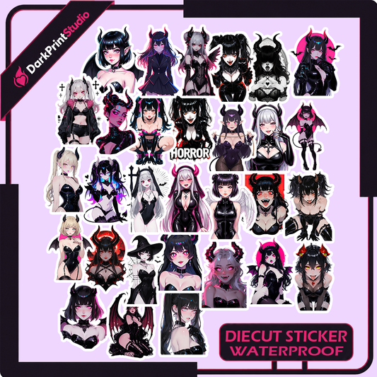 30PCS Succubus Anime Stickers, Gothic Demon Girl Waterproof Vinyl Stickers, Dark Fantasy Decals